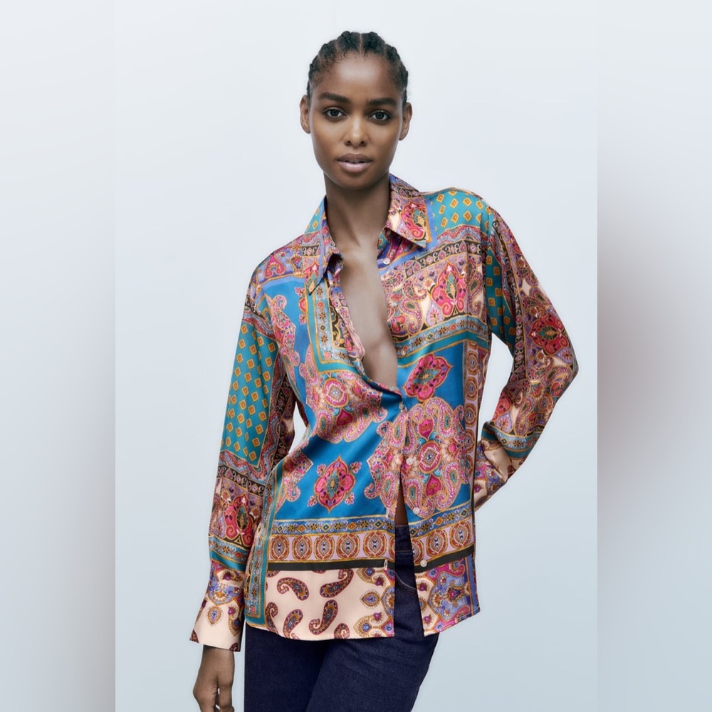 ZARA Paisley Patchwork Satin Button-Up Blouse Shirt Multicolor Size Medium